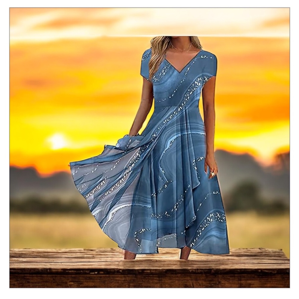 Beautiful Blue White Layered /Asymmetrical Hem -V-Neck Flowy Dress- NWOT- SzM ☀️